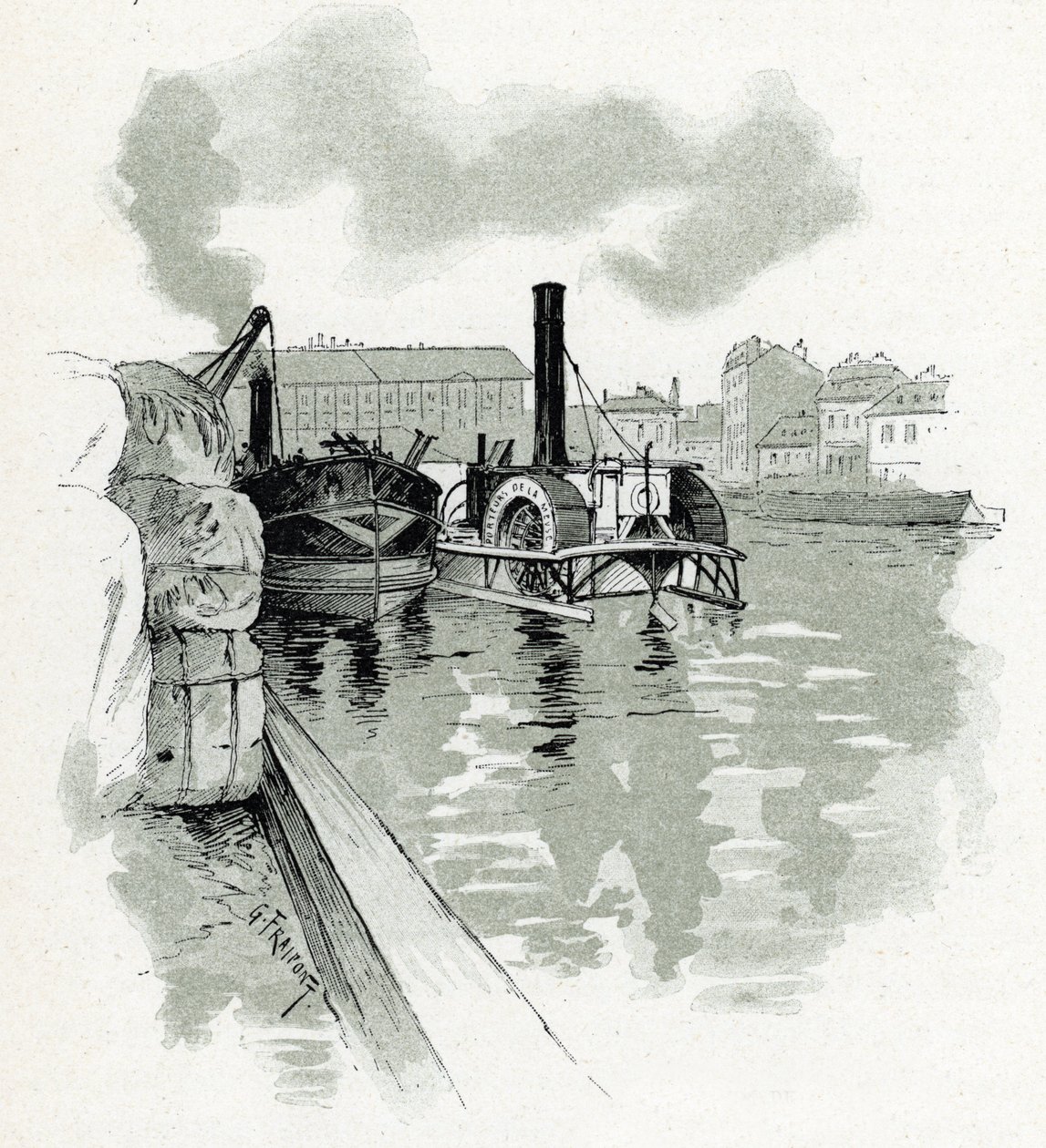 Båter som fortøyer i havnen i La Villette, Paris (Båter i havnen i La Villette, Paris) Tegning av Gustave Fraipont (1849-1923) henter fra «La seine a travers Paris» av Saint-Juirs av Gustave Fraipont