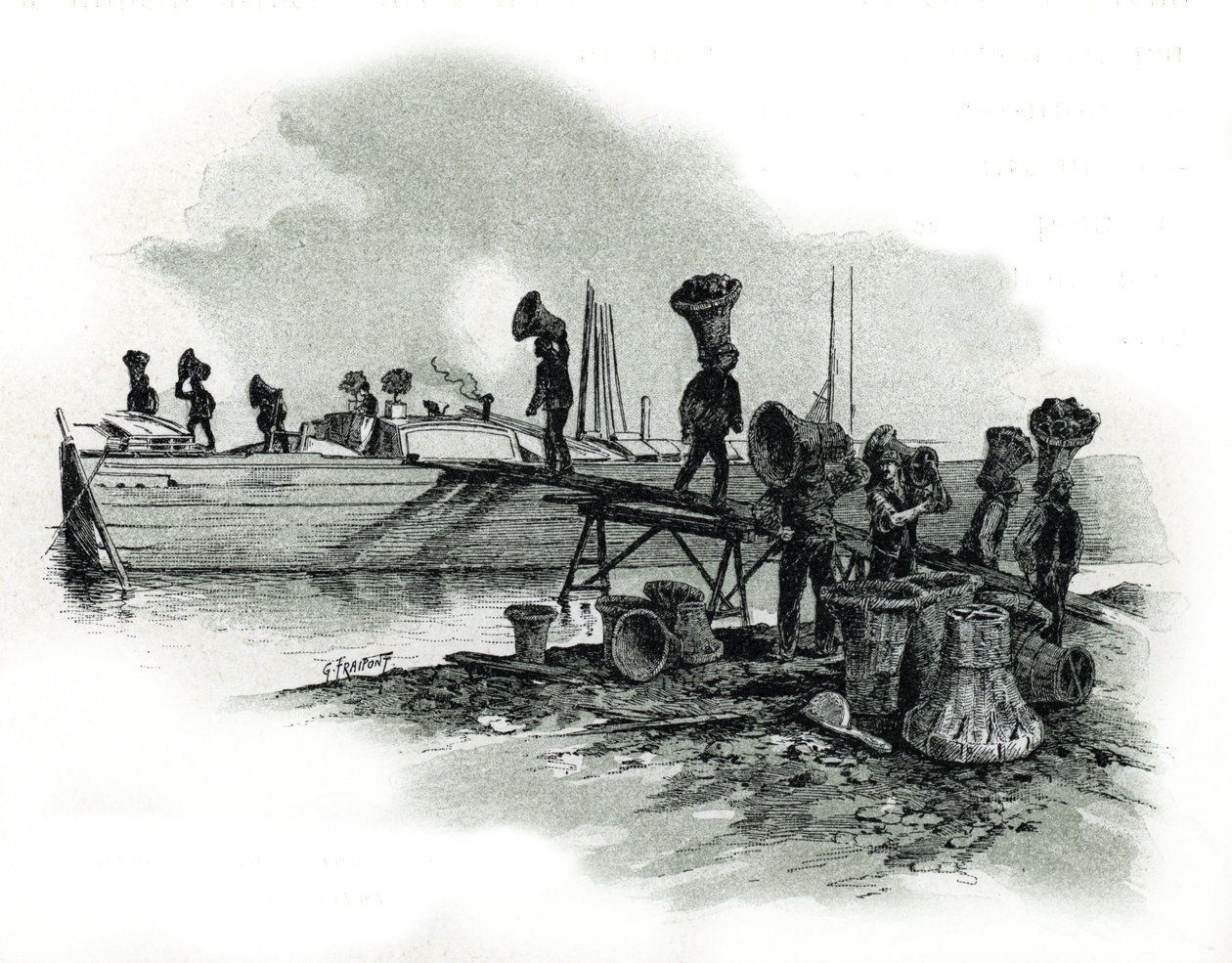 Charcoal unchargeurs aux forges d'Ivry-sur-Seine (Dockers som slipper ut bituminøst kull (eller svart kull) i smiene i Ivry sur Seine) Tegning av Gustave Fraipont (1849-1923) henter fra Saint-Juirs av Gustave Fraipont