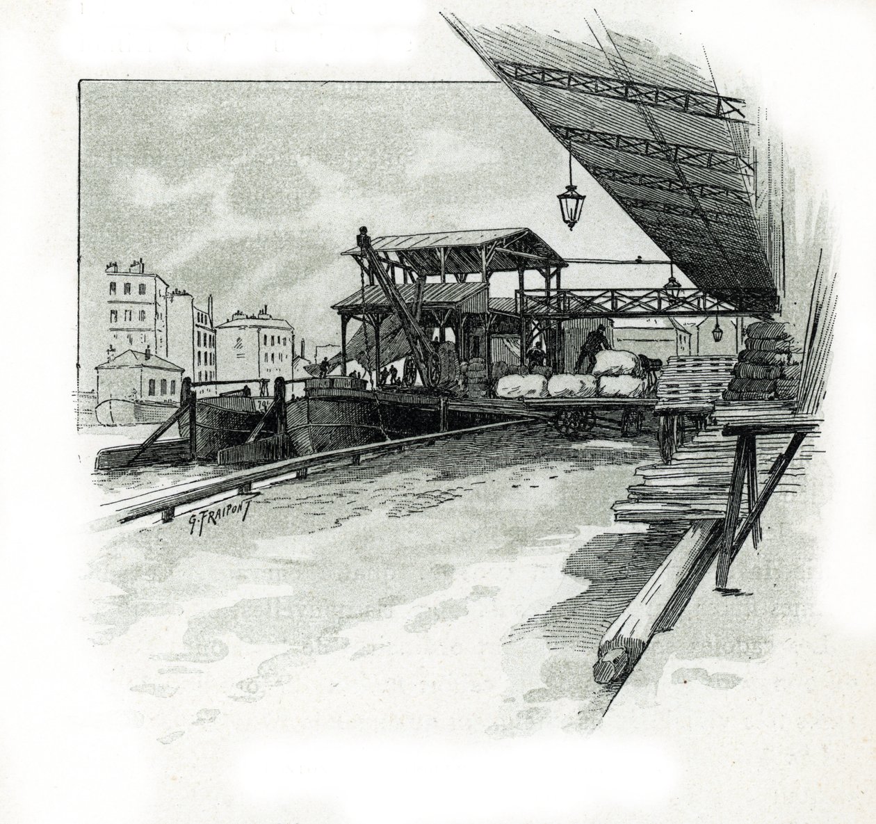 Dokken i havnen i La villette, Paris Tegning av Gustave Fraipont (1849-1923) henter fra "La seine a travers Paris" av Saint-Juirs av Gustave Fraipont