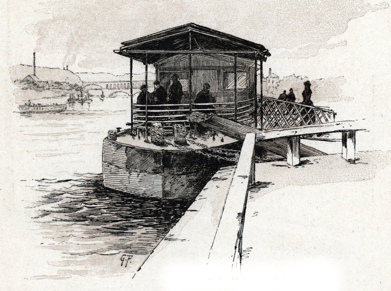 Embarcadere des Bateaux-mouches (Bateaux-mouches) sur la Seine, Paris (Utsikt over turistbåtbryggen på seine-elven, Paris) Tegning av Gustave Fraipont (1849-1923) henter fra Saint-Juirs "" La seine a travers Paris ” av Gustave Fraipont