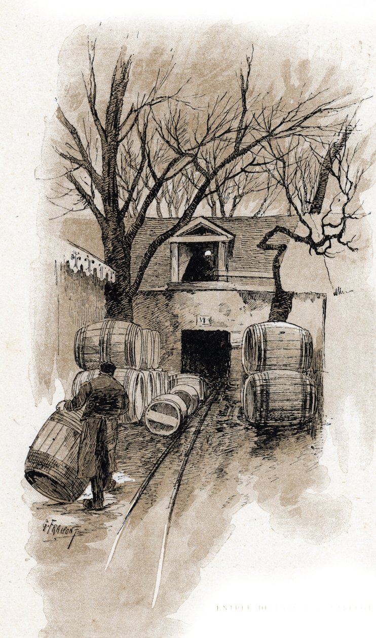 Inngang til kjelleren til Bercy-varehusene, Paris Tegning av Gustave Fraipont (1849-1923) henter fra "La seine a travers Paris" av Saint-Juirs av Gustave Fraipont