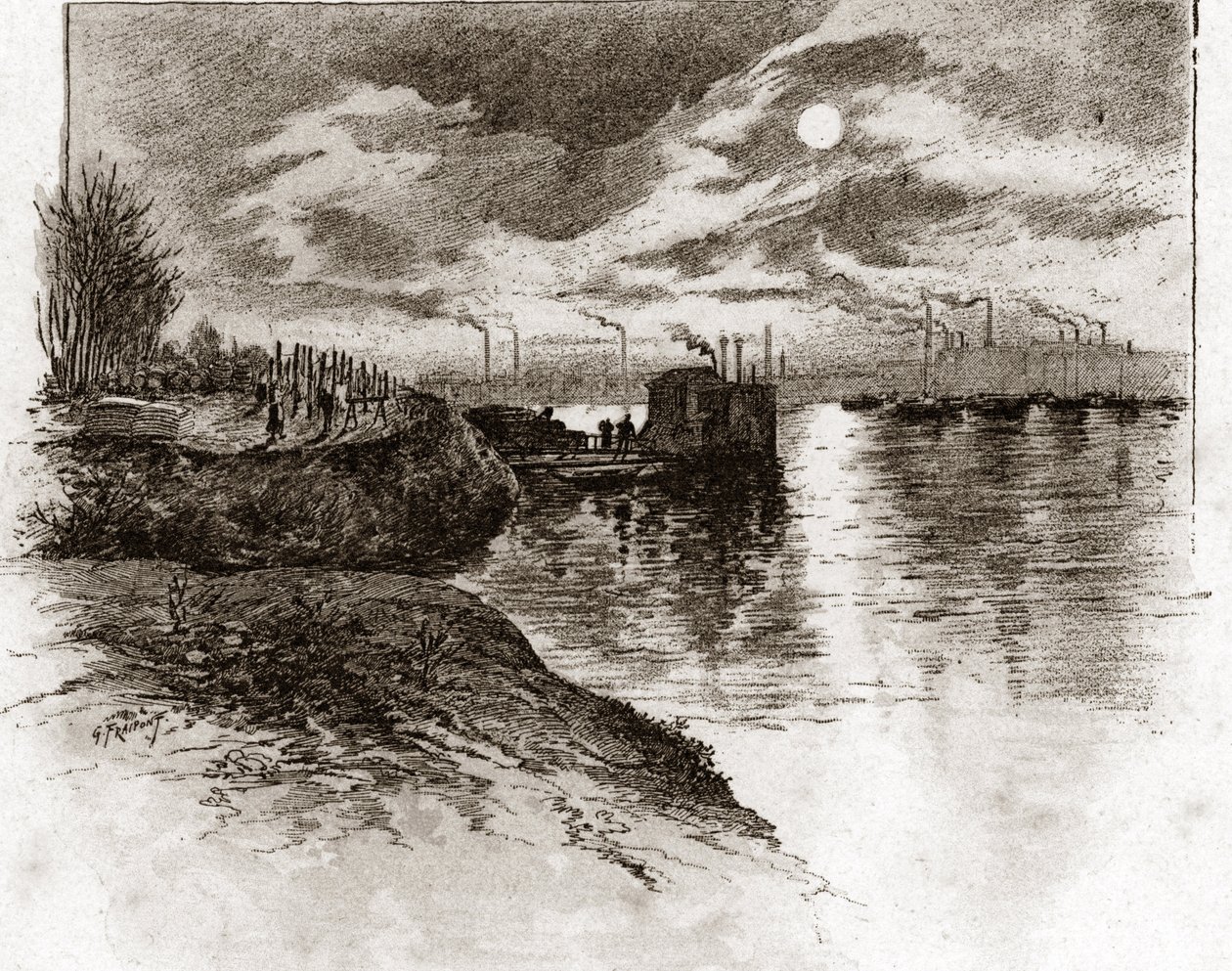 Exit de l'egout de Bercy a Paris (Utløpet av kloakktunnelen i not-elven, Bercy, Paris) Tegning av Gustave Fraipont (1849-1923) er hentet fra "La seine a travers Paris" av Saint-Juirs av Gustave Fraipont