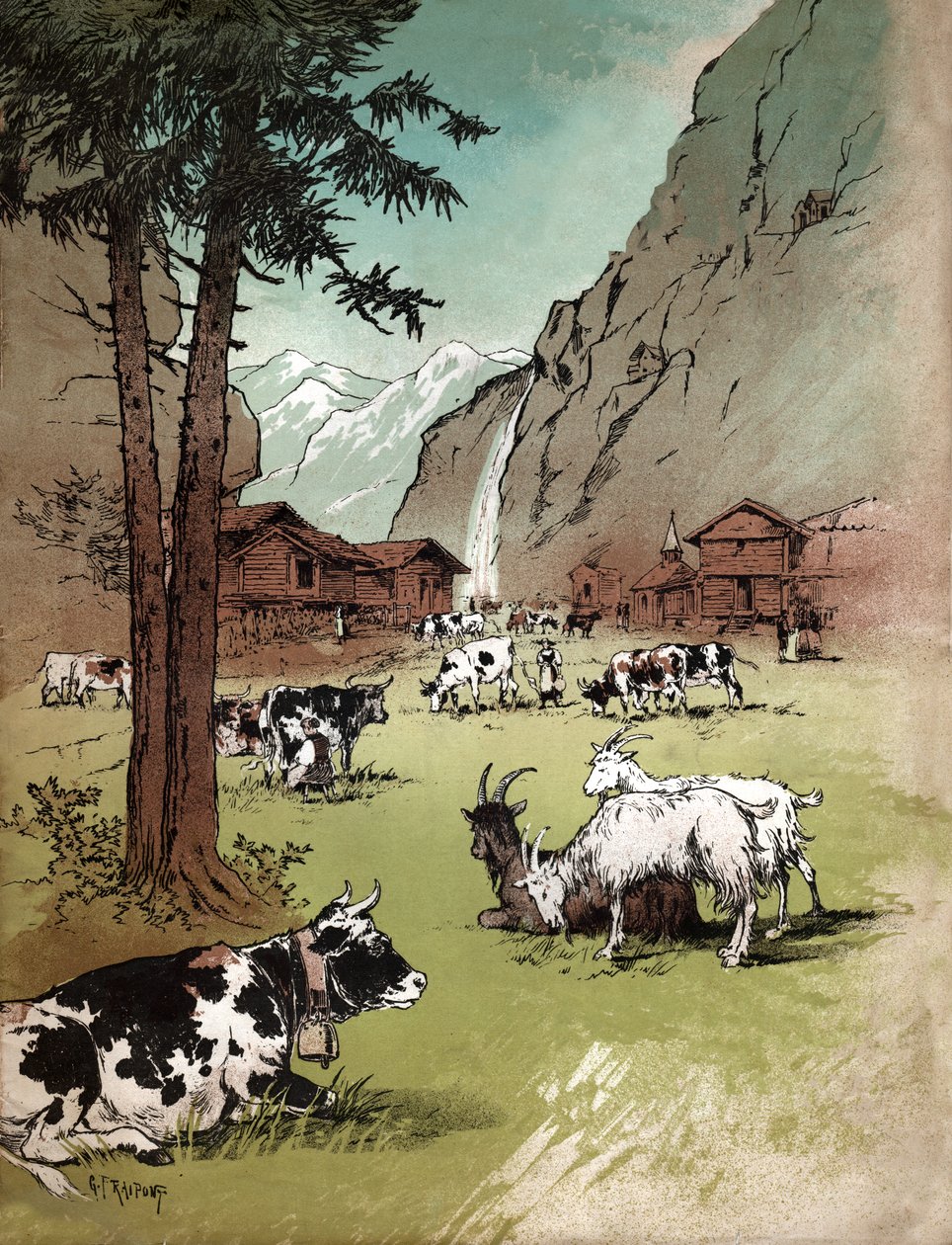 Gård og landskap i de sveitsiske alpene, ca 1910 (illustrasjon) av Gustave Fraipont