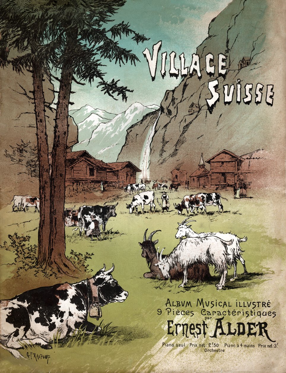 Gård og landskap i de sveitsiske alpene, ca 1910 (illustrasjon) av Gustave Fraipont