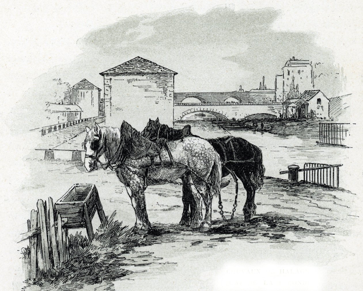 Transporthester, quai de la Gironde, Villette (hester som brukes til å slepe båtene på kanalen saint-denis, quai de la gironde, Villette Paris) Tegning av Gustave Fraipont (1849-1923) fra Saint-Juirs av Gustave Fraipont