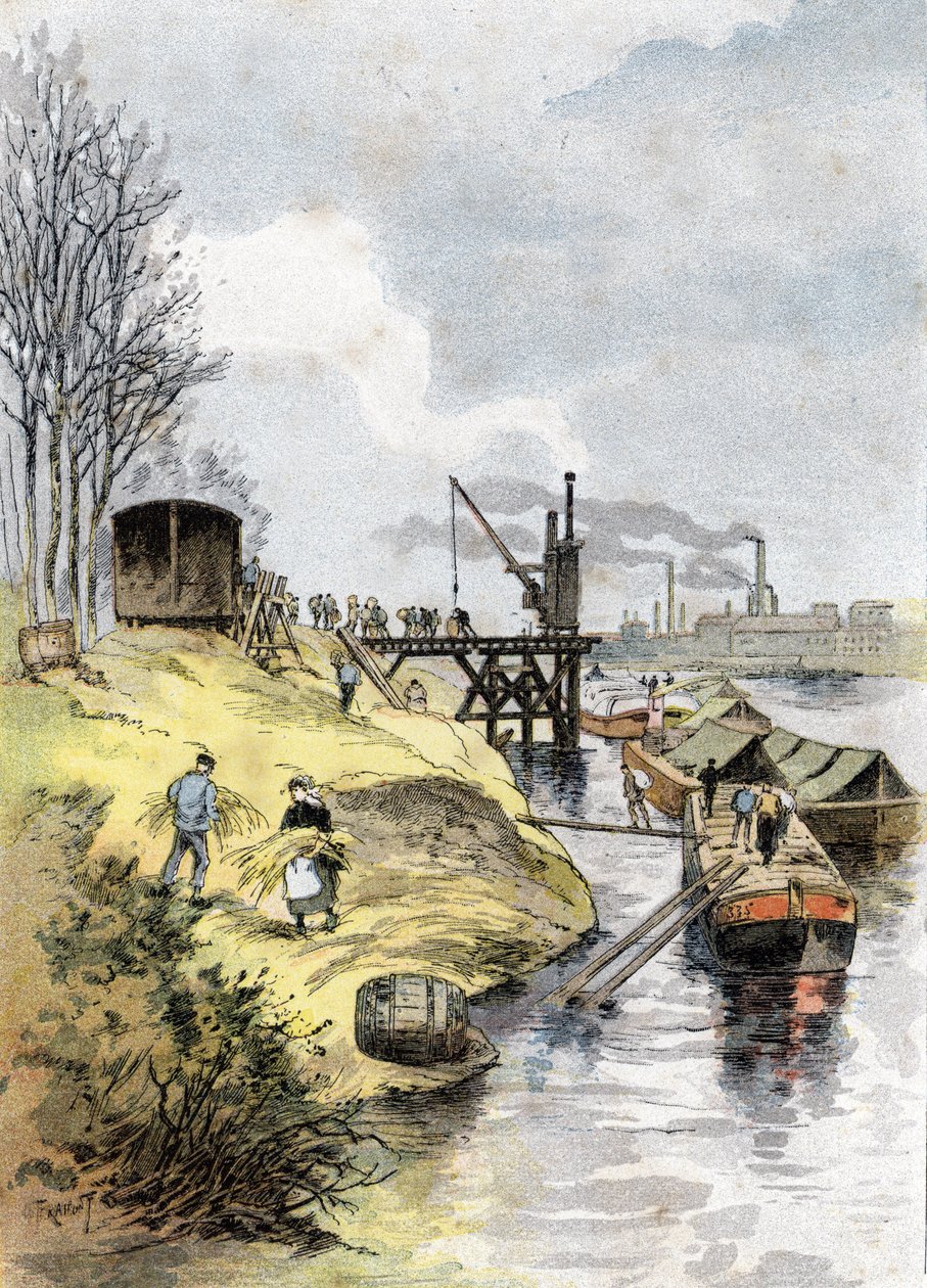 Havnearbeidere lader epler i biler på quai de Bercy, Paris Tegning av Gustave Fraipont (1849-1923) henter fra «La seine a travers Paris» av Saint-Juirs av Gustave Fraipont