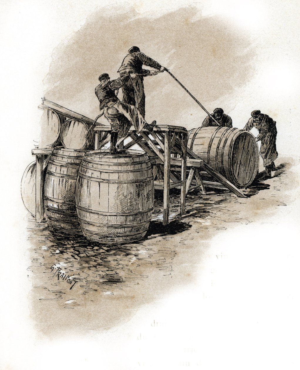 Le stacking des tonneaux de vin, Bercy Paris (Dockers staking av vintønnene, Bercy, Paris) Tegning av Gustave Frainpont (1849-1923) er hentet fra Saint-Juirs "La seine a travers Paris" av Gustave Fraipont