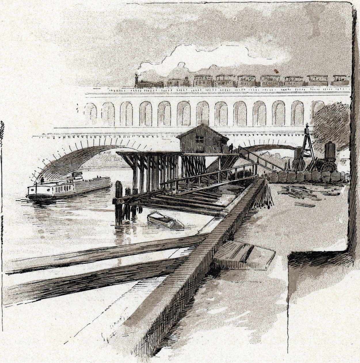 Le viaduct du point du Jour, Boulogne-Billancourt (Utsikt over viaduktbroen til Point du jour-distriktet, Boulogne Billancourt) Tegning av Gustave Fraipont (1849-1923) fra Saint-Juirs av Gustave Fraipont