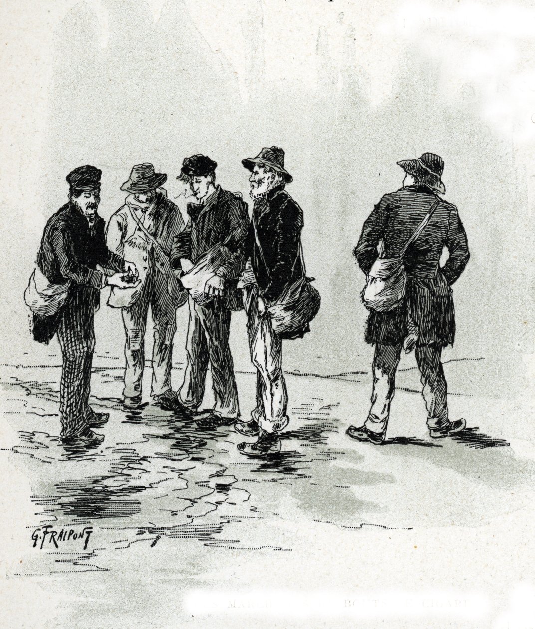 Gatehandlere med sigar- og sigaretttips, Maubert-distriktet, Paris Tegning av Gustave Fraipont (1849-1923) henter fra «La seine a travers Paris» av Saint-Juirs av Gustave Fraipont