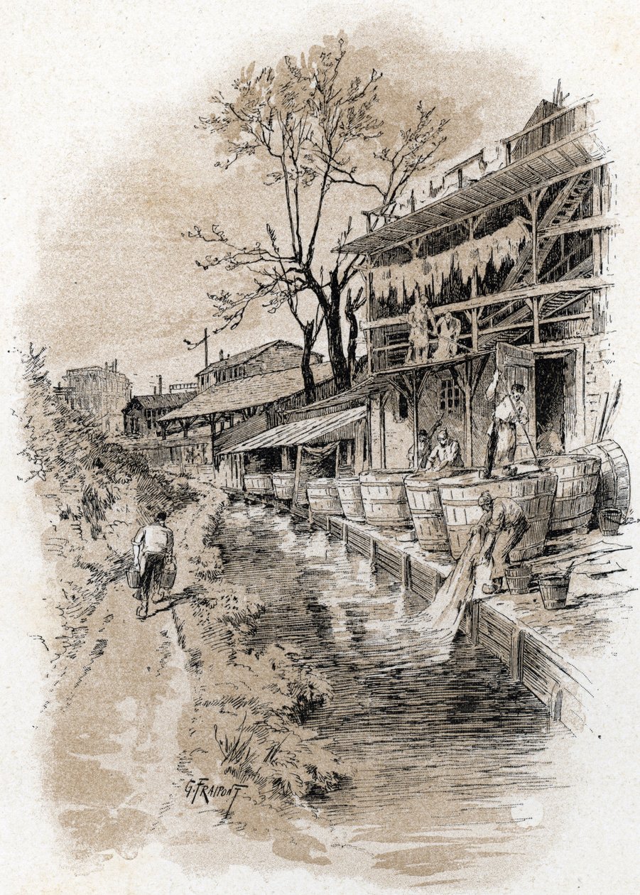 Megisseries i rue du pot-au-lait i Pete Gentilly-distriktet ved bredden av Bievre i Paris (Utsikt over Bievre-elven og lærtawing (tawering) boder i Pete Gentilly-distriktet, Paris) Tegning av Gustave Fraipont (1849 -1923) fra Sain av Gustave Fraipont