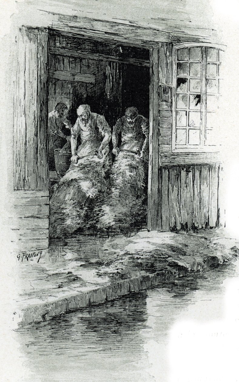 Megissiers de la rue des gobelins i Paris (garvere som arbeider med lær og dyreskinn i rue des Gobelins, Paris) Tegning av Gustave Frainpont (1849-1923) henter fra "La seine a travers Paris" av Saint-Juirs av Gustave Fraipont