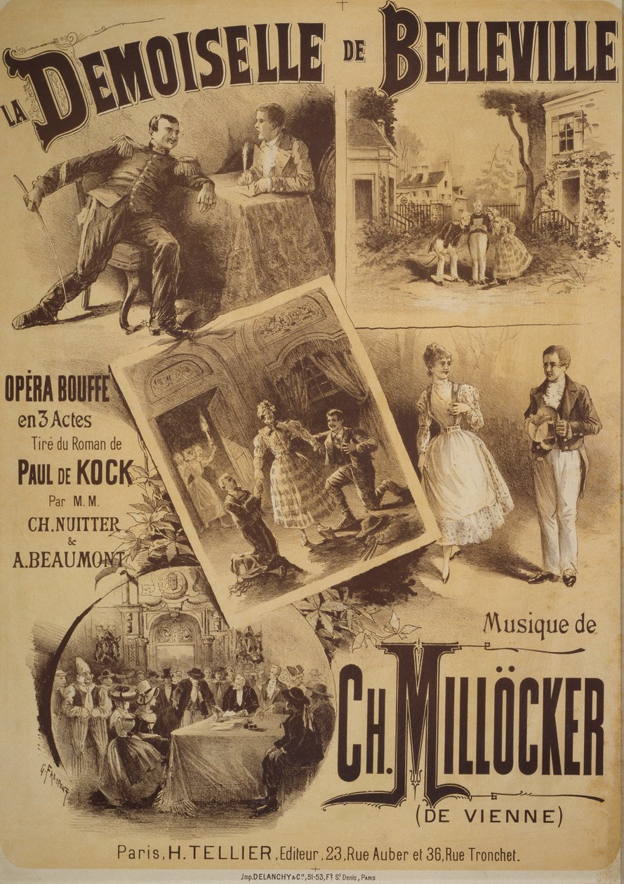Plakat for La Demoiselle de Belleville, komisk opera, libretto av Charles Nuitter og Alexandre Beaumont, musikk av Karl Millocker, Tegning av Gustave Fraipont, Tellier forlag, Paris av Gustave Fraipont