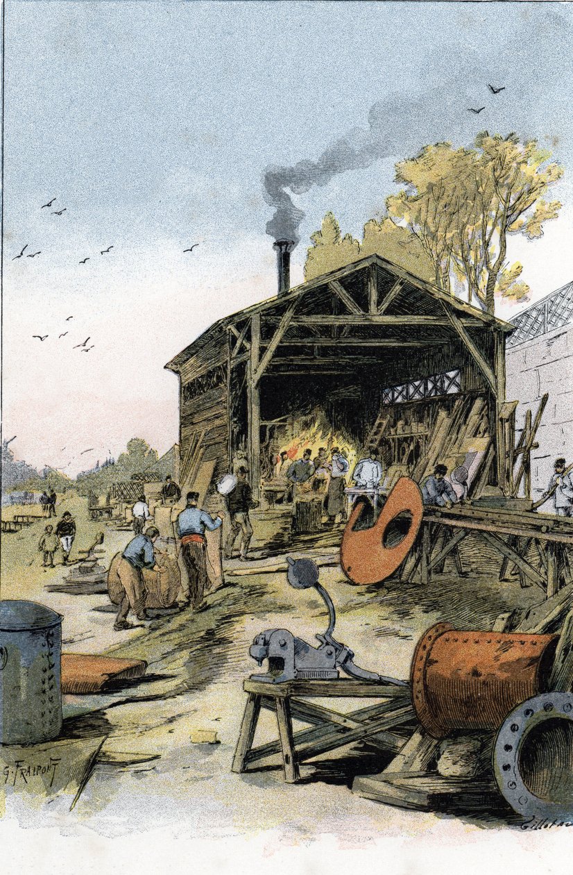 Reparasjoner av båter i smia Point du Jour nær Boulogne-Billancourt (Båter og lektere repareres i smia Point du jour nær Boulogne Billancourt, Paris) Tegning av Gustave Fraipont (1849-1923) henter fra "La seine a travers Paris" " av S av Gustave Fraipont