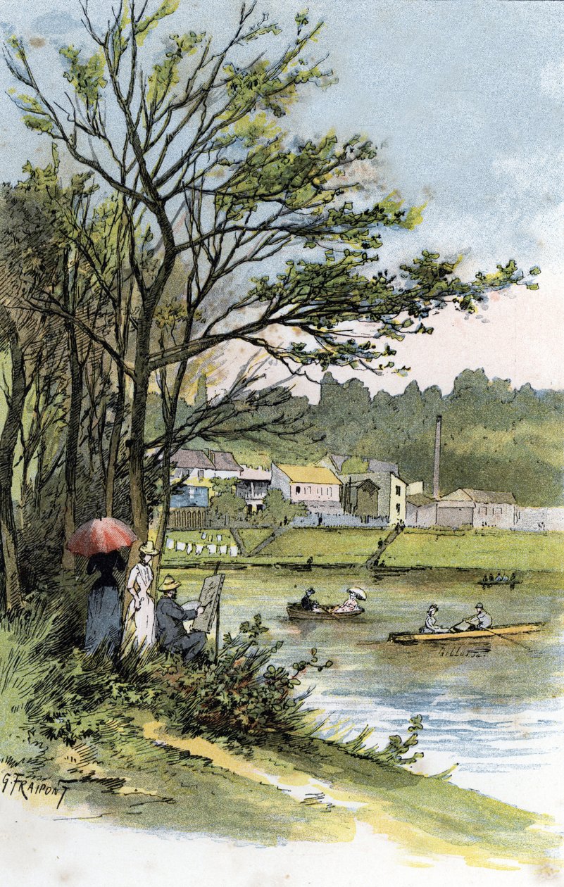 Søndagsvogner på noten i Bas-Meudon (Meudon-sur-Seine) Tegning av Gustave Fraipont (1849-1923) fra Saint-Juirs av Gustave Fraipont
