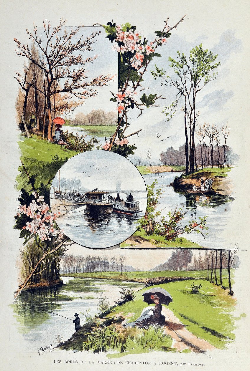 Kanten av Marne: fra Charenton til Nogent i 1887. Illustrasjon av Gustave Fraipont (1849-1923) Gravering av 1887 i "" Paris-Illustrous journal weekly"". av Gustave Fraipont