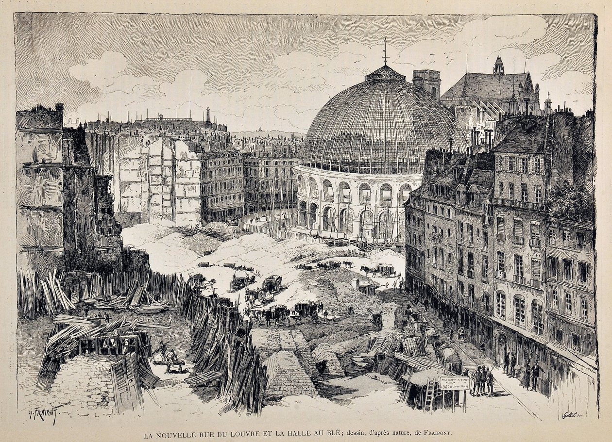 Den nye Rue du Louvre og Halle au Ble i Paris i 1887. illustrasjon av Gustave Fraipont (1849 - 1923). Gravering fra 1887 i "" Paris-Illustrous journal weekly"". av Gustave Fraipont