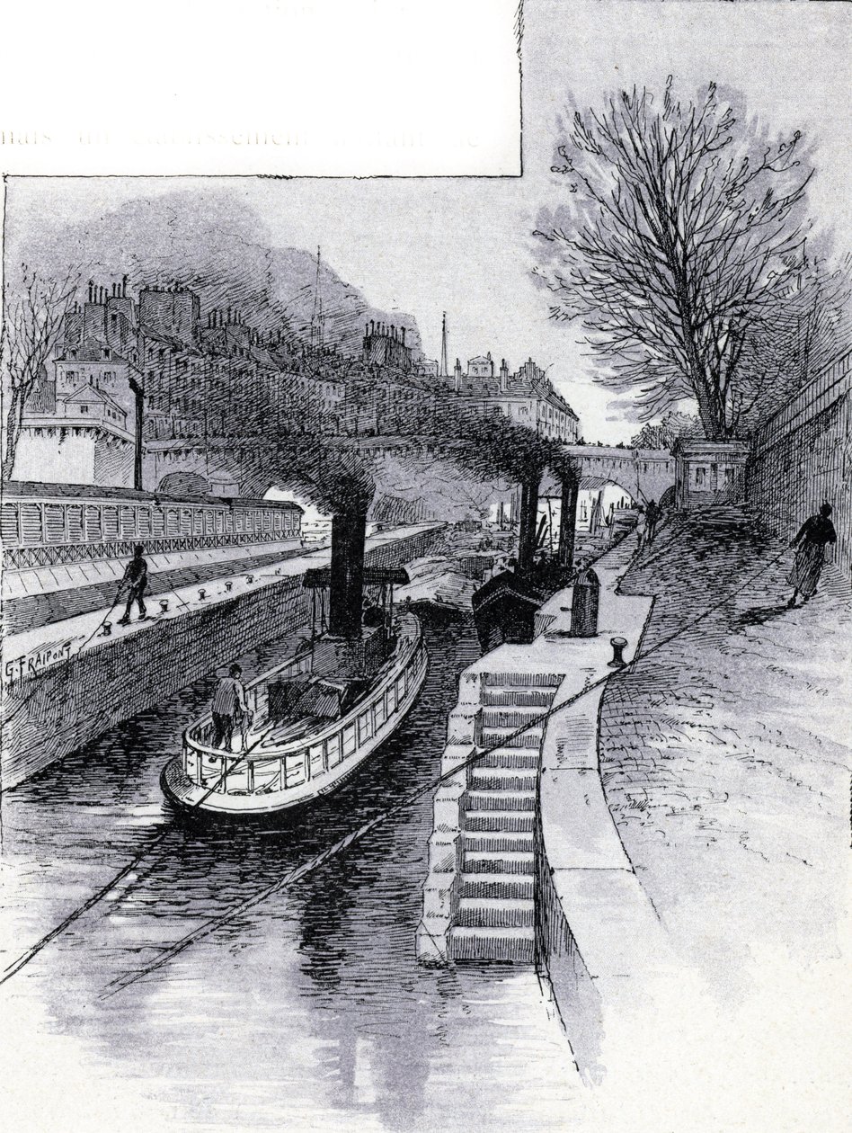 Slepebåter av slusen på Seinen foran Hotel des Monnaie, Paris Tegning av Gustave Fraipont (1849-1923) fra Saint-Juirs av Gustave Fraipont