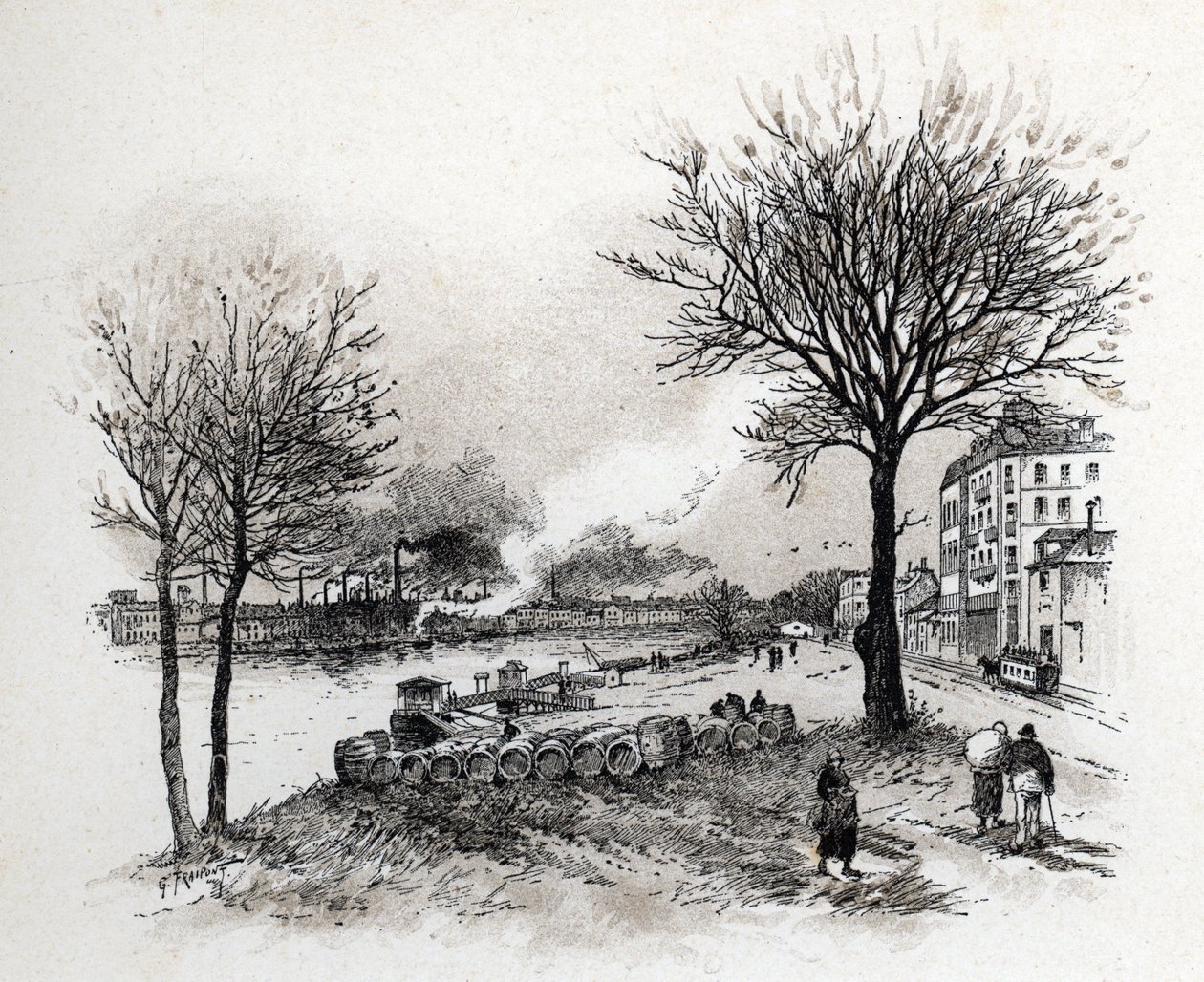 Utsikt over Ivry sur Seine (Ivry-sur-Seine) Tegning av Gustave Fraipont (1849-1923) fra Saint-Juirs av Gustave Fraipont