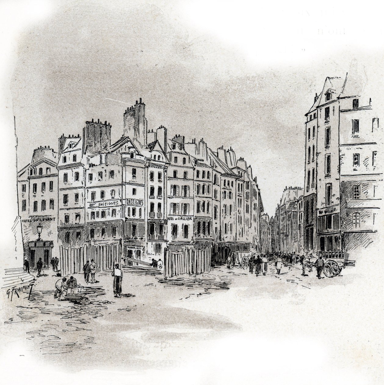 Utsikt over Place Maubert, Paris Tegning av Gustave Fraipont (1849-1923) henter fra «La seine a travers Paris» av Saint-Juirs av Gustave Fraipont