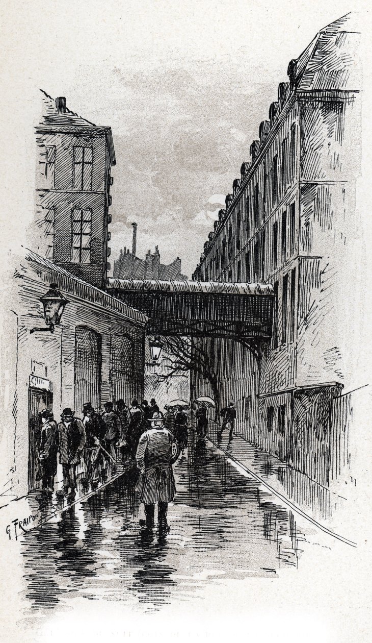Utsikt over et flophus (doss-hus eller dosshouse) i rue de la Bucherie i Maubert-distriktet, Paris Tegning av Gustave Fraipont (1849-1923) fra Saint-Juirs av Gustave Fraipont