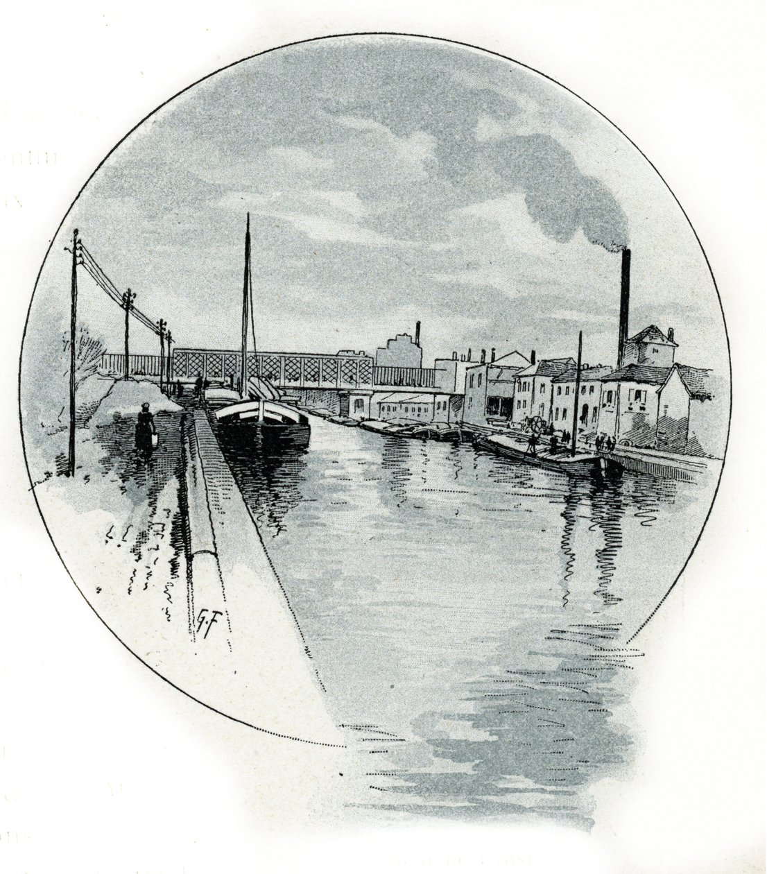 Utsikt over quai de l'Oise på canal de l'Ourcq i Paris Tegning av Gustave Fraipont (1849-1923) fra Saint-Juirs av Gustave Fraipont