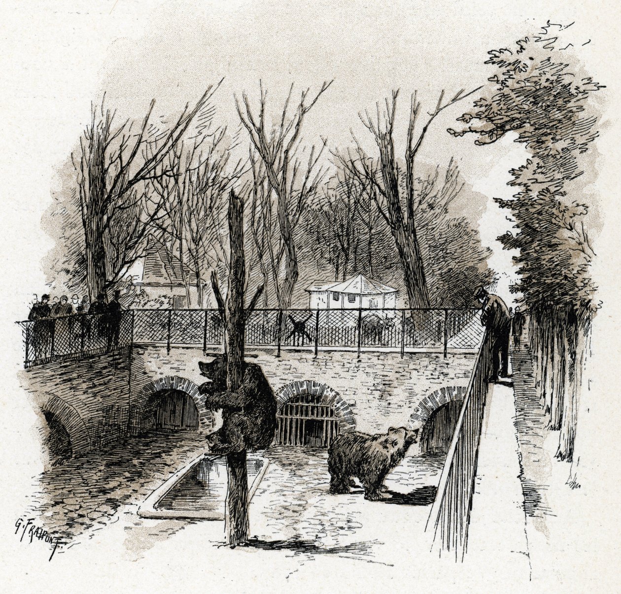 Utsikt over bjørnegropen i Zoo du Jardin des Plantes, Paris Tegning av Gustave Fraipont (1849-1923) henter fra «La seine a travers Paris» av Saint-Juirs av Gustave Fraipont