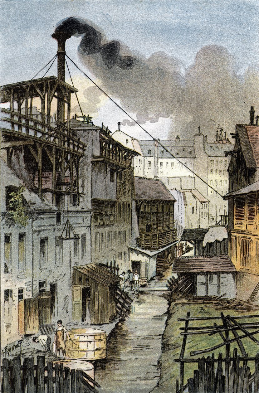 Utsikt over Bievre-elven fra Port Royal boulevard, Paris Tegning av Gustave Fraipont (1849-1923) henter fra "La seine a travers Paris" av Saint-Juirs av Gustave Fraipont