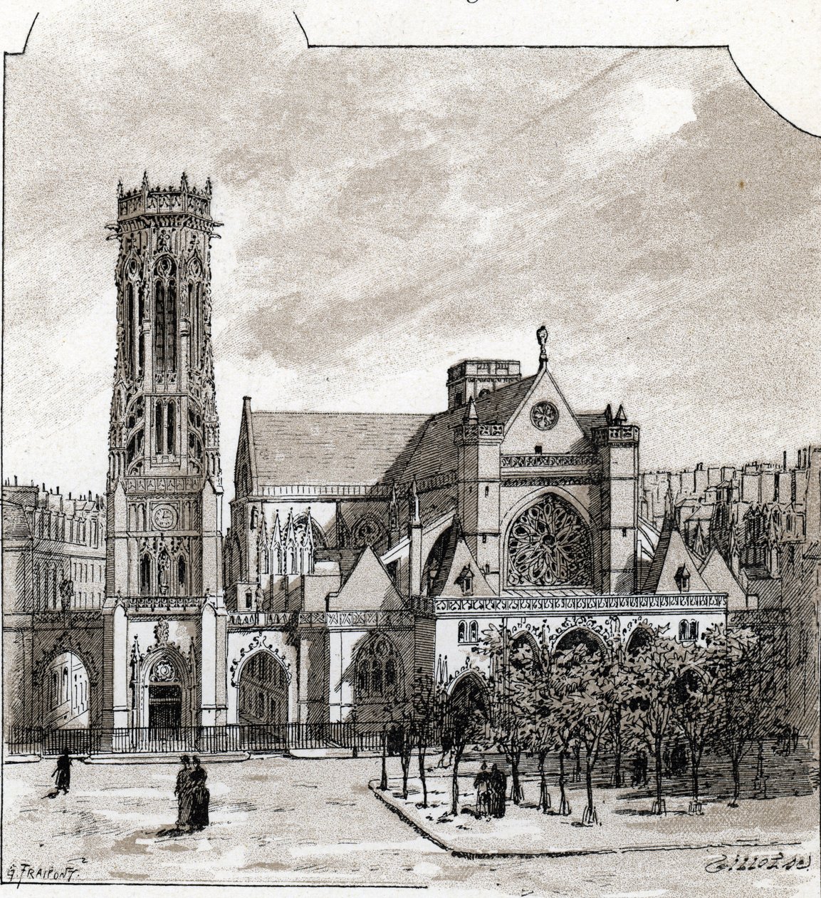 Utsikt over kirken Saint Germain l'Auxerrois, Paris (Church of St Germain-l'Auxerrois) Tegning av Gustave Fraipont (1849-1923) henter fra "La seine a travers Paris" av Saint-Juirs av Gustave Fraipont