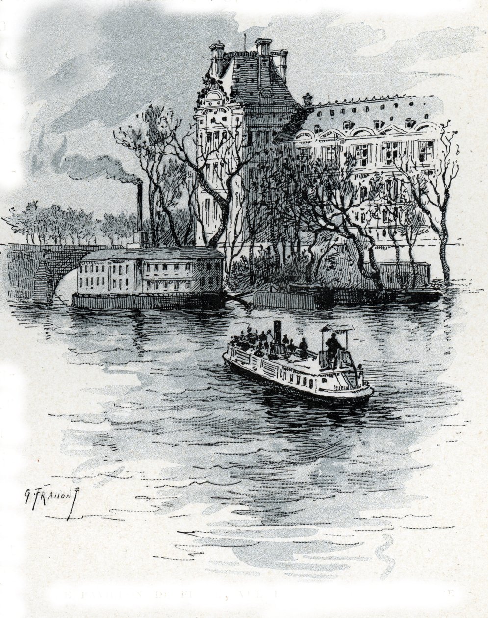 Utsikt over Pavillon de Flore, Palais du Louvre, fra Quai Voltaire, Paris (Utsikt over Pavillon de Flore-delen av Louvre-palasset fra quai Voltaire, Paris) Tegning av Gustave Fraipont (1849-1923) fra Saint-Juirs av Gustave Fraipont