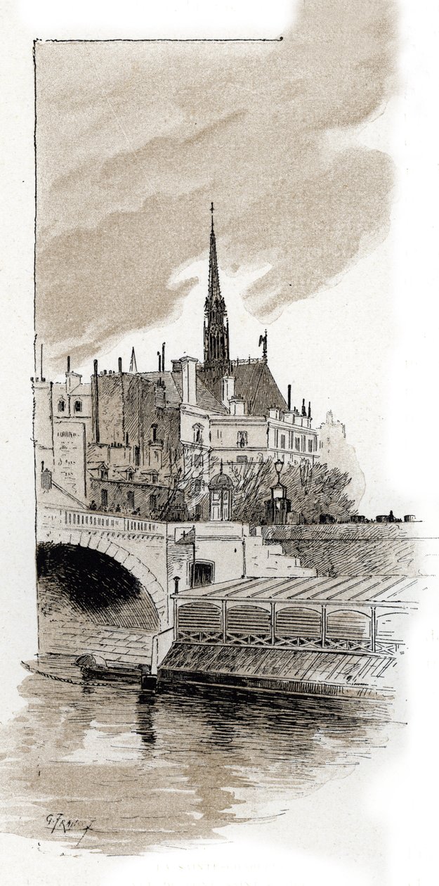 Utsikt over Sainte Chapelle fra St Michel-broen, Paris (Utsikt over Sainte-Chapelle fra St Michel-broen, Paris) Tegning av Gustave Fraipont (1849-1923) henter fra "La seine a travers Paris" av Saint-Juirs av Gustave Fraipont