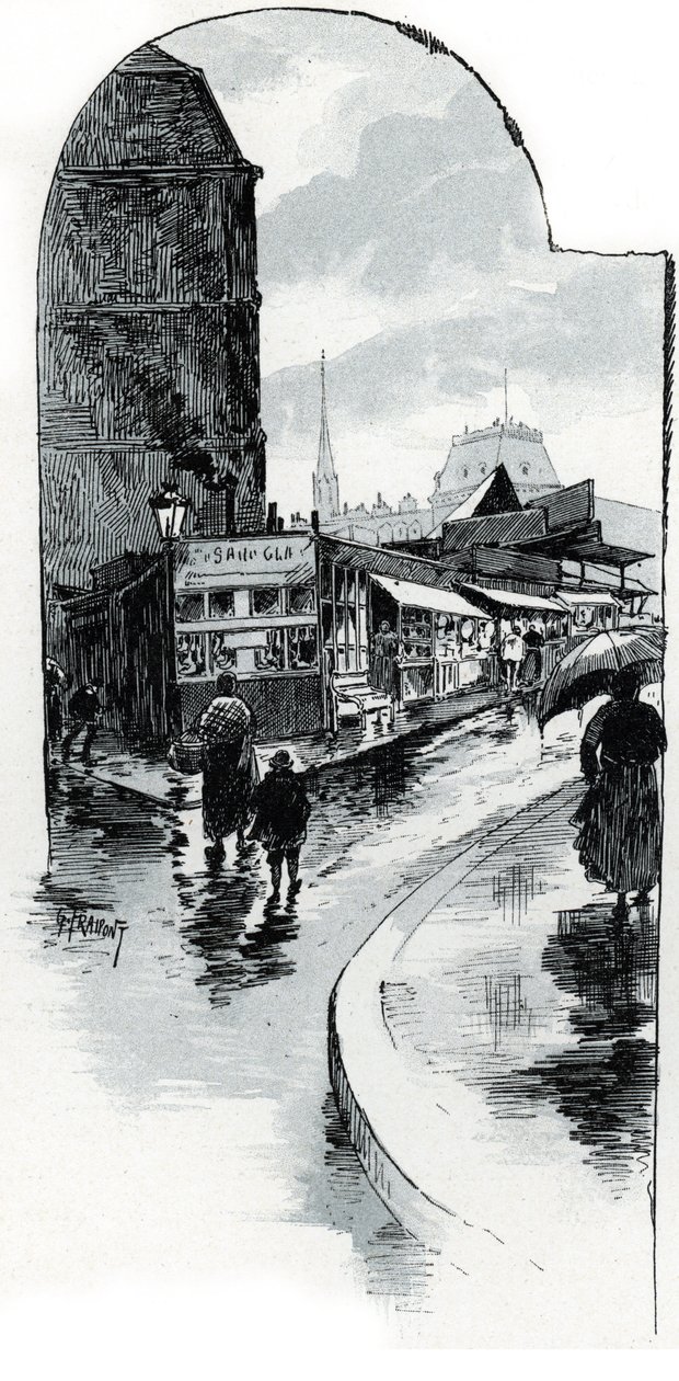 Utsikt over brocanteurs på hjørnet av rue de la bucherie i Paris (bruktbutikker i rue de la Bucherie, Paris) Tegning av Gustave Fraipont (1849-1923) henter fra "La seine a travers Paris" av Saint- Juirs av Gustave Fraipont