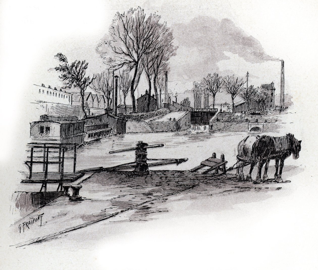 Utsikt over kanalen Saint-Denis og quai de la Gironde a la Villette, Paris (Utsikt over canal saint Denis og quai de la Gironde i Villette-distriktet, paris) Tegning av Gustave Fraipont (1849-1923) fra Saint-Juirs av Gustave Fraipont