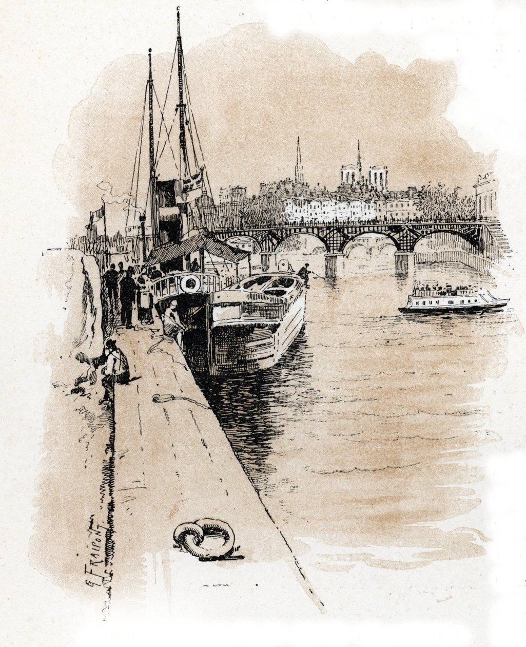 Utsikt over selskapet Seine et Thames hvis båter forbinder Paris og London Tegning av Gustave Fraipont (1849-1923) henter fra "La seine a travers Paris" av Saint-Juirs av Gustave Fraipont