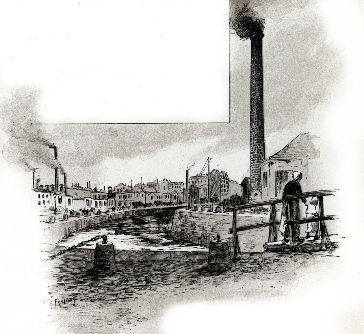 Utsikt over den tørre elveleiet i kanalen Saint-Martin under renseperioden Tegning av Gustave Fraipont (1849-1923) henter fra "La seine a travers Paris" av Saint-Juirs av Gustave Fraipont