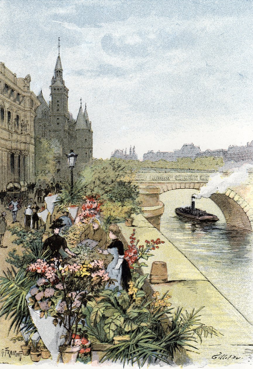 Utsikt over blomstermarkedet, Ile de la Cite, Paris Tegning av Gustave Fraipont (1849-1923) fra Saint-Juirs av Gustave Fraipont