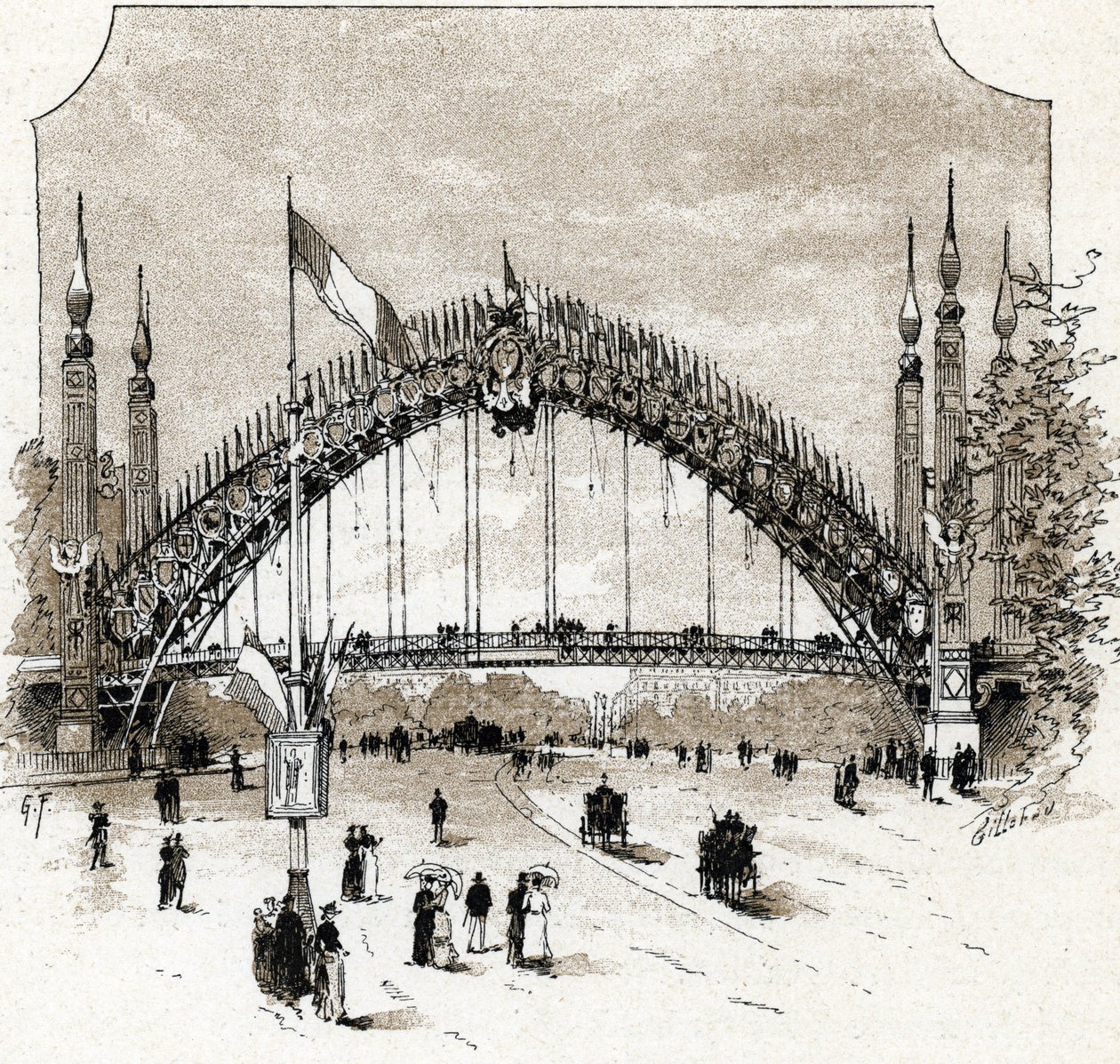Utsikt over gangbroen til Pont de l'Alma under verdensutstillingen i Paris av Gustave Fraipont