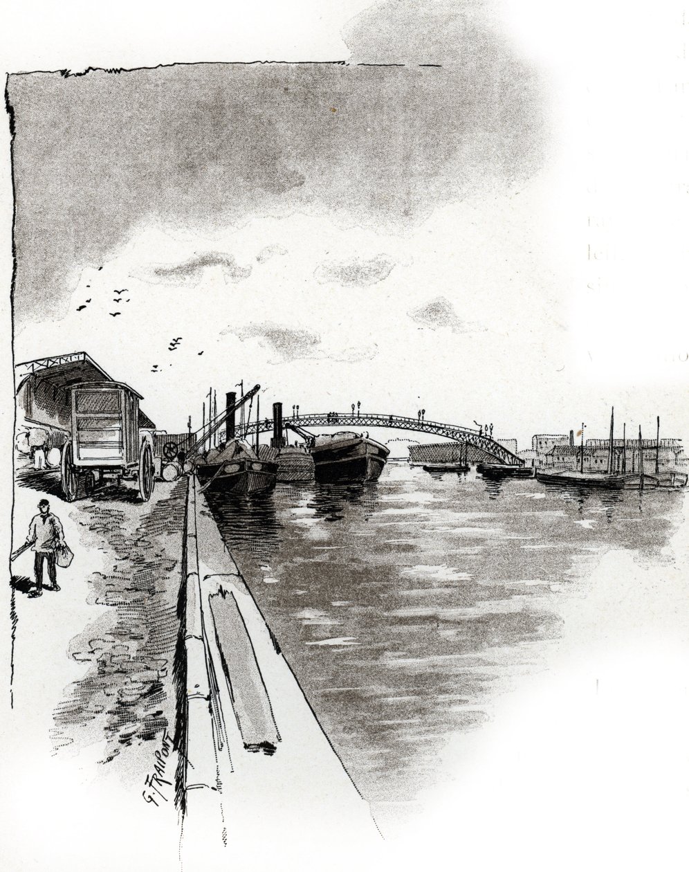 Utsikt over gangbroen til Canal de la Villette, Paris (Gangbroen til Canal de la Villette, Paris) Tegning av Gustave Fraipont (1849-1923) er hentet fra "La seine a travers Paris" av Saint-Juirs av Gustave Fraipont