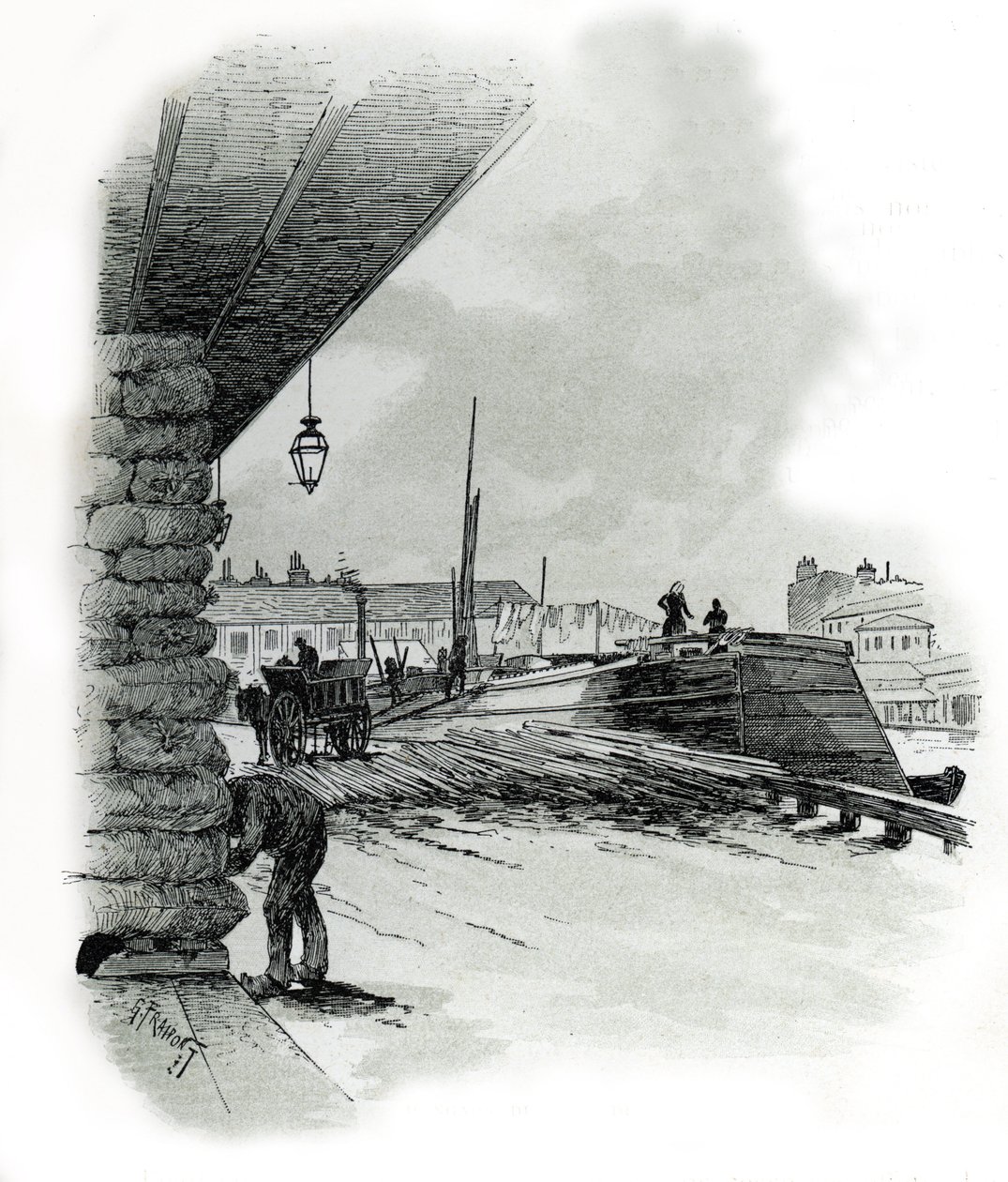 Utsikt over hangarene til havnen i La Villette i Paris (naust og skur fra havnen i La Villette, Paris) Tegning av Gustave Fraipont (1849-1923) er hentet fra "La seine a travers Paris" av Saint-Juirs av Gustave Fraipont