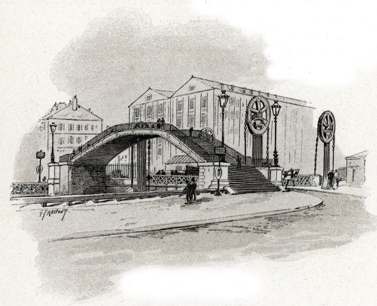 Utsikt over heisbroen til rue de Crimee, Bassin de l'ourcq Paris (Utsikt over heisbroen til rue Crimee, Canal de l'Ourcq, Paris) Tegning av Gustave Fraipont (1849-1923) henter fra Saint-Juirs av Gustave Fraipont