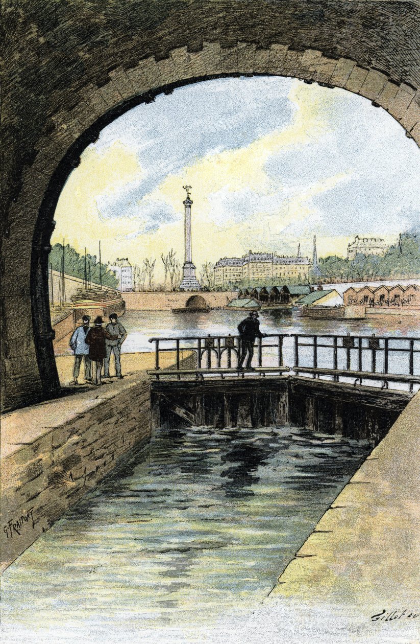 Utsikt over slusen til Canal Saint Martin i Paris Tegning av Gustave Fraipont (1849-1923) fra «La seine a travers Paris» av Saint-Juirs av Gustave Fraipont