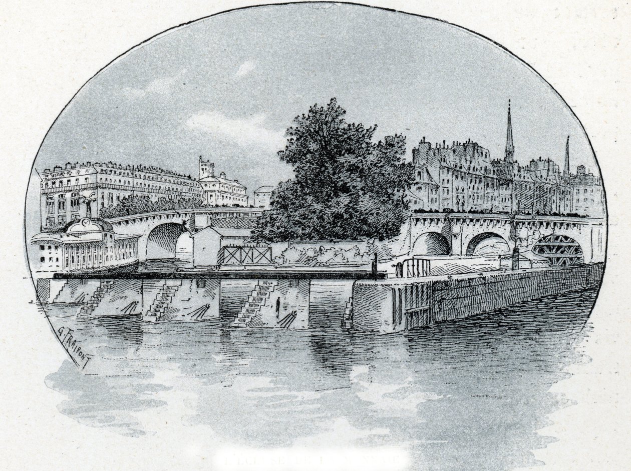 Utsikt over Monnaie-slusen, foran Hotel des Monnaie i Paris Tegning av Gustave Fraipont (1849-1923) er hentet fra Saint-Juirs "La seine a travers Paris" av Gustave Fraipont