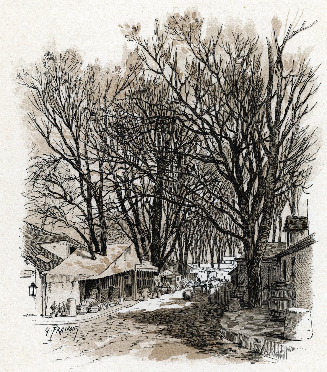 Utsikt over det nye lageret i rue Leopold, bercy Paris (Utsikt over pakhuset til rue Leopold In bercy, Paris) Tegning av Gustave Fraipont (1849-1923) henter fra «La seine a travers Paris» av Saint-Juirs av Gustave Fraipont