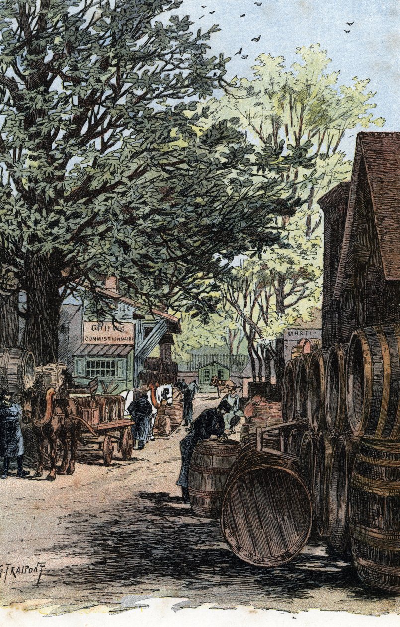 Utsikt over det nye lageret på Rue Laroche, Bercy, Paris Vinlagre i rue Laroche i Bercy, Paris) Tegning av Gustave Fraipont (1849-1923) er hentet fra "La seine a travers Paris" av Saint-Juirs av Gustave Fraipont