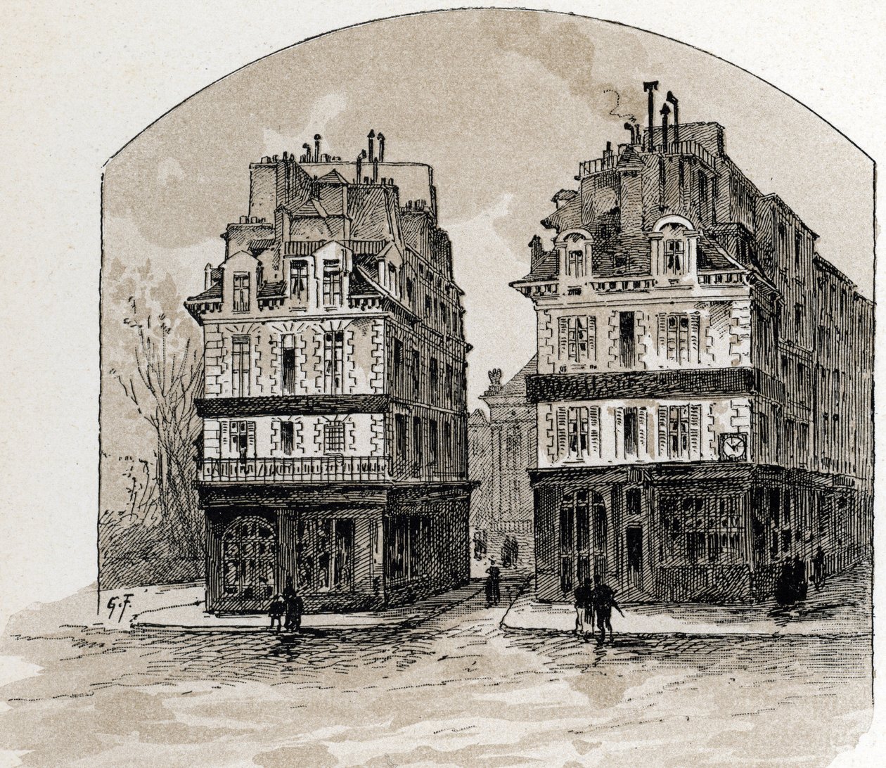 Utsikt over de gamle husene til Pont-Neuf i Paris (Gamle hus på Pont Neuf-broen, Paris) Tegning av Gustave Fraipont (1849-1923) fra Saint-Juirs av Gustave Fraipont