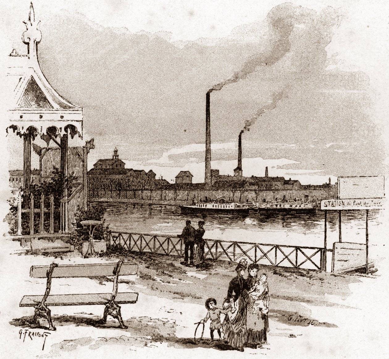 Utsikt over quai de Javel i Paris, actuel quai André-Citroen (Utsikt over quai Andre Citroen tidligere quai de Javel, Paris) Tegning av Gustave Fraipont (1849-1923) henter fra "La seine a travers Paris" av Saint- Juirs av Gustave Fraipont