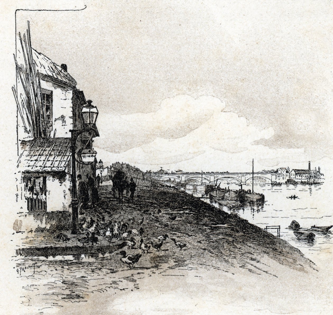 Utsikt over quai d'ivry nær rue des fauconniers Tegning av Gustave Fraipont (1849-1923) henter fra "La seine a travers Paris" av Saint-Juirs av Gustave Fraipont