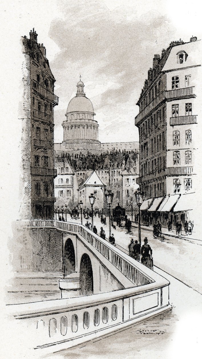 Utsikt over rue de Bellay og kuppelen til Pantheon, Paris (Utsikt over rue du Bellay og kuppelen til Pantheon, 5. distrikt, Paris) Tegning av Gustave Fraipont (1849-1923) fra Saint-Juirs av Gustave Fraipont