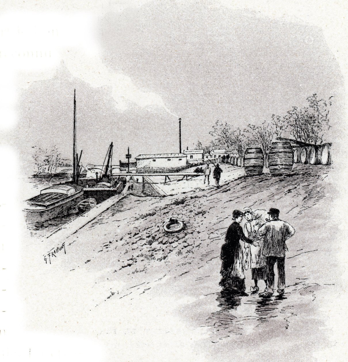 Utsikt over elvebredden og kaien Saint-Bernard, Paris Tegning av Gustave Fraipont (1849-1923) henter fra "La seine a travers Paris" av Saint-Juirs av Gustave Fraipont