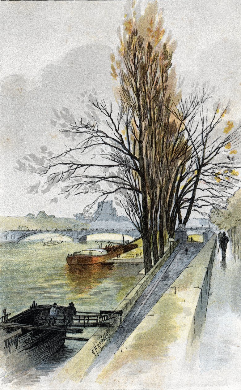 Utsikt over solferinobroen fra Quai d'Orsay, Paris (Utsikt over solferinobroen fra Quai d'Orsay, Paris) Tegning av Gustave Fraipont (1849-1923) er hentet fra Saint-Juirs "La seine a travers Paris" av Gustave Fraipont