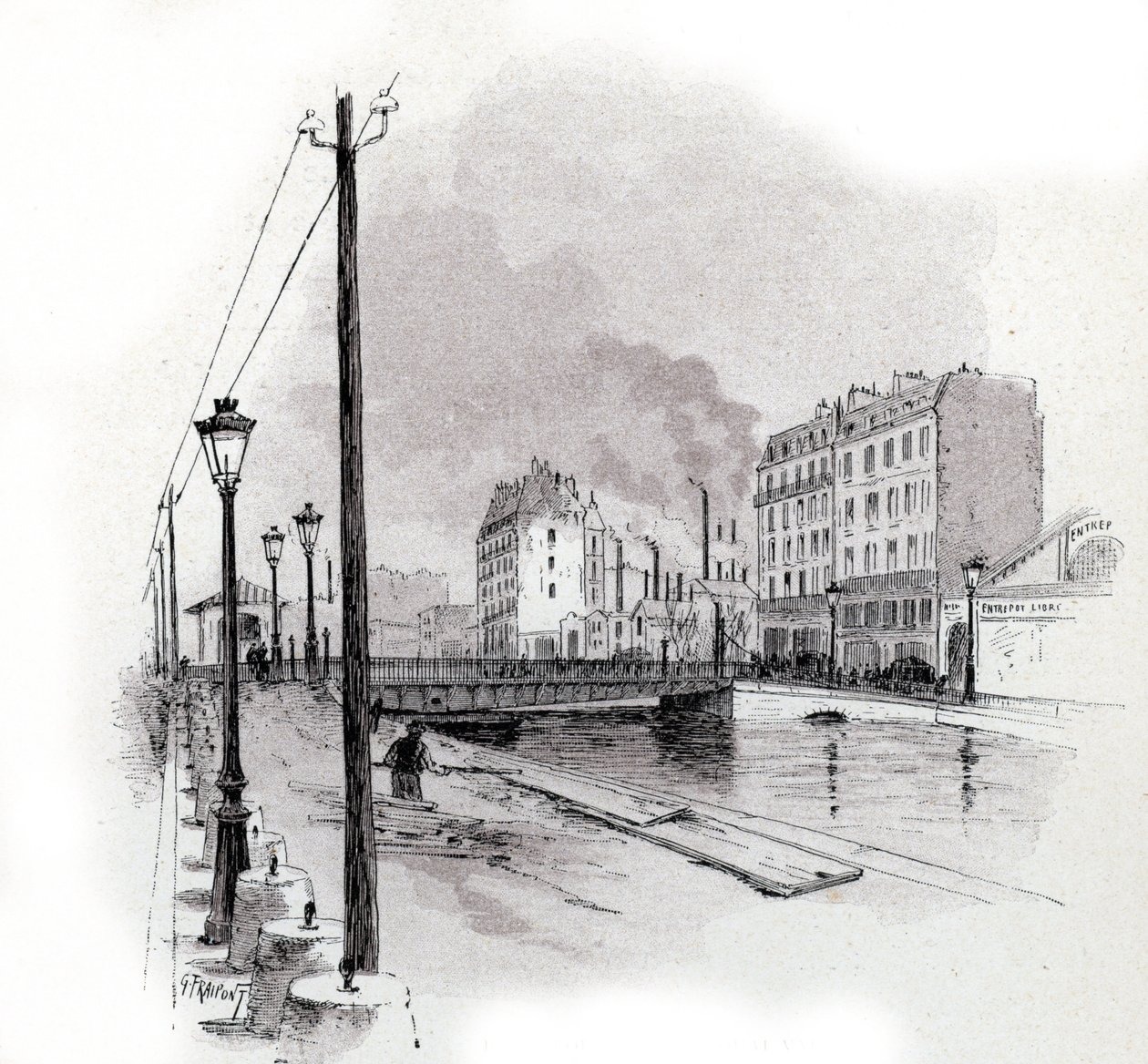 Utsikt over den svingende broen til quai de Valmy på kanalen Saint Martin, Paris Tegning av Gustave Fraipont (1849-1923) fra Saint-Juirs av Gustave Fraipont